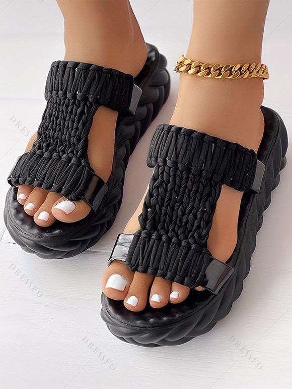 Solid Color Braid Thick Flat Slip On Open Toe Trendy Slippers - Noir EU 36