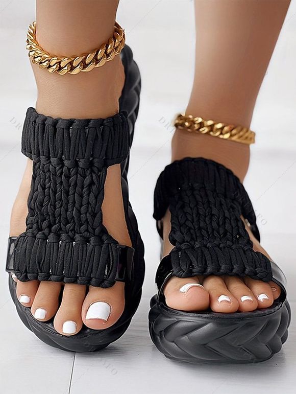 Solid Color Braid Thick Flat Slip On Open Toe Trendy Slippers - Noir EU 42