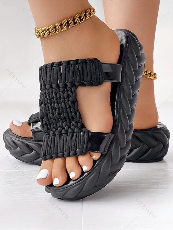 Solid Color Braid Thick Flat Slip On Open Toe Trendy Slippers - Noir EU 42
