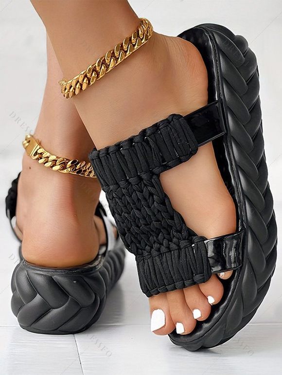 Solid Color Braid Thick Flat Slip On Open Toe Trendy Slippers - Noir EU 42