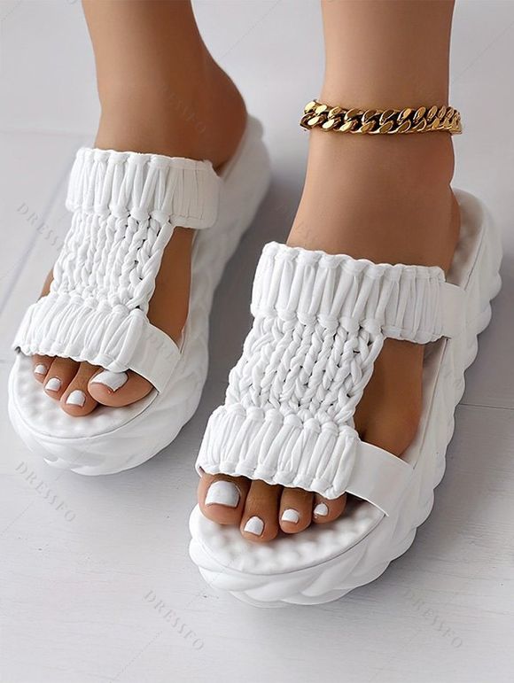 Solid Color Braid Thick Flat Slip On Open Toe Trendy Slippers - Blanc EU 42