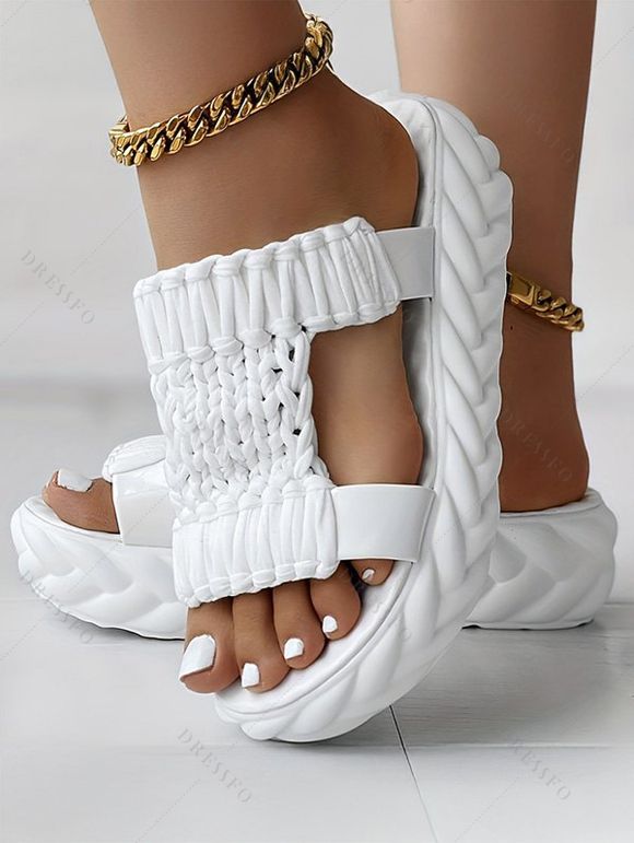 Solid Color Braid Thick Flat Slip On Open Toe Trendy Slippers - Blanc EU 42