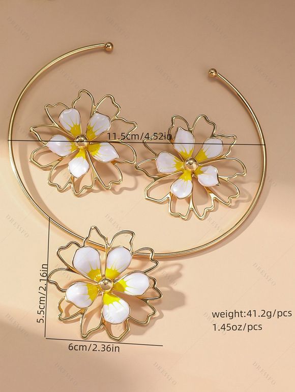 Ensemble de Collier et de Boucles D'Oreilles Rétro Fleur Superposé - Beige 