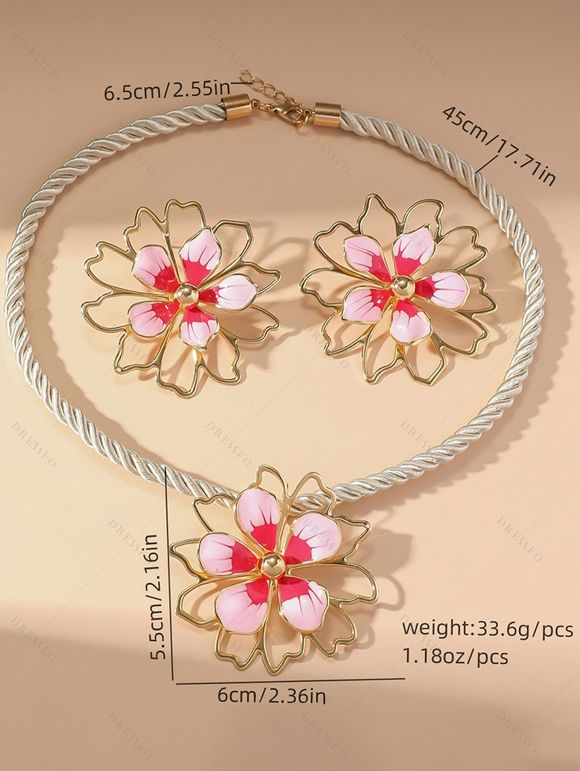 Ensemble de Collier et de Boucles D'Oreilles Rétro Fleur Superposé - Beige 