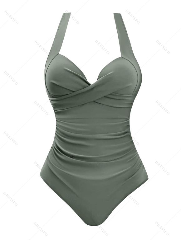 Maillot de Bain 1 Pièce à Bretelles Ajustables en Couleur Unie - Vert clair XXL | US 12