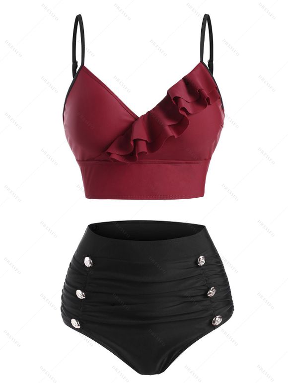 Maillot de Bain Bikini Gainant en Blocs de Couleurs à Faux Bouton à Volants de Plage - Rouge foncé M