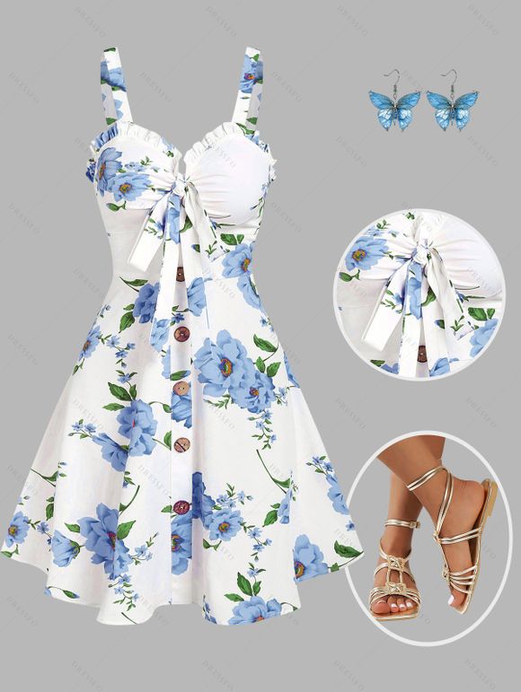 Vacation Outfit Floral Ruched Bust Bowknot Empire Waist Dress and Wave Print Circle Earrings Square Toe Solid Color Sandals Outfit - Blanc S | US 4