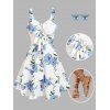 Vacation Outfit Floral Ruched Bust Bowknot Empire Waist Dress and Wave Print Circle Earrings Square Toe Solid Color Sandals Outfit - Blanc S | US 4