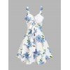 Vacation Outfit Floral Ruched Bust Bowknot Empire Waist Dress and Wave Print Circle Earrings Square Toe Solid Color Sandals Outfit - Blanc S | US 4