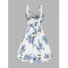 Vacation Outfit Floral Ruched Bust Bowknot Empire Waist Dress and Wave Print Circle Earrings Square Toe Solid Color Sandals Outfit - Blanc S | US 4