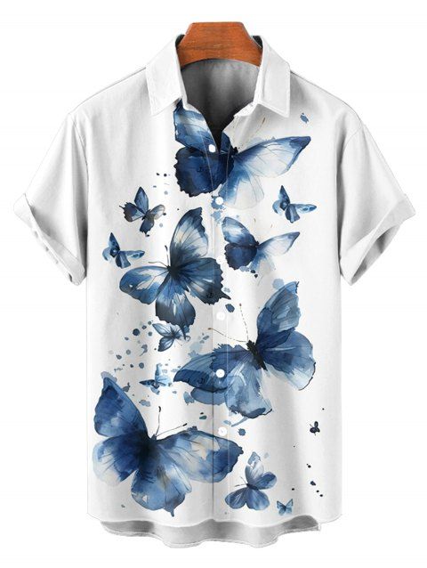 Chemise Décontractée Boutonnée Motif de Papillon à Manches Roulées pour Homme