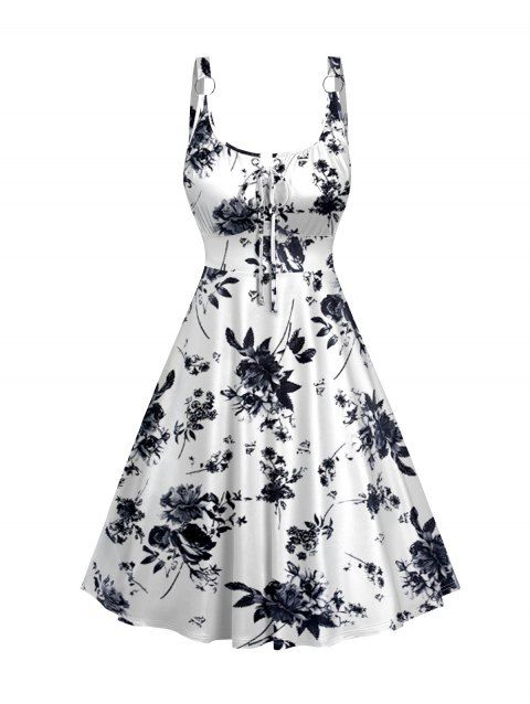 Floral Print Lace Up Vacation Dress Empire Waist O Ring Strap A Line Sleeveless Summer Dress