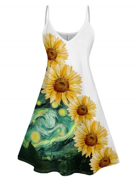 Sunflower Painting Pattern Vacation Dress Spaghetti Strap A Line Beach Tank Dress