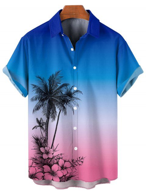 Chemise de Plage de Vacances Boutonnée Motif de Cocotier à Manches Roulées