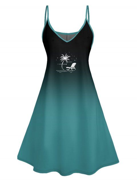 Ombre Coconut Tree Print Vacation Dress A Line Spaghetti Strap Tank Hawaii Dress