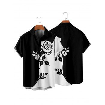 Men's Ombre Rose Pattern Shirt Contrast Color Button Up Roll Up Sleeve Shirt