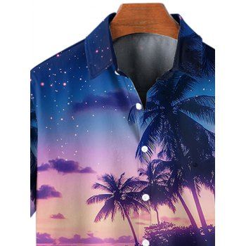 Men's Coconut Tree Beach Painting Pattern Hawaii Shirt Roll Up Sleeve Button Up Vacation Shirt