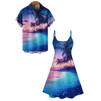 Vacation Couple Outfit Coconut Tree Beach Painting Pattern A Line Tank Dress and Roll Up Sleeve Hawaii Shirt Beach Matching Outfit