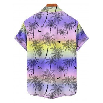 Vacation Couple Outfit Ombre Allover Coconut Tree Print Spaghetti Strap A Line Tank Dress and Roll Up Sleeve Hawaii Shirt Beach Outfit