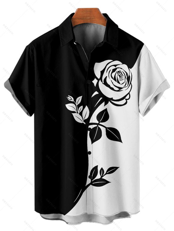 Chemise Décontractée en Couleur Contrastée Motif de Rose Boutonnée à Manches Roulées pour Homme - Noir XL