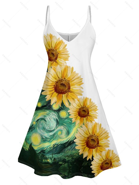 Robe de Plage Ligne A à Bretelle Fine Motif de Tournesol Peinture - Vert profond XXXXXL | US 20