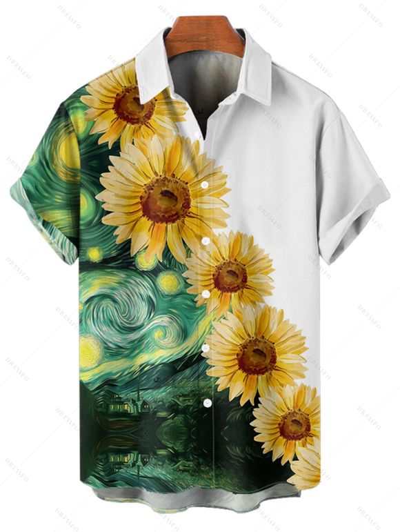 Chemise de Vacances Motif de Tournesol Peinture à Manches Roulées Boutonnée pour Homme - Vert profond 4XL