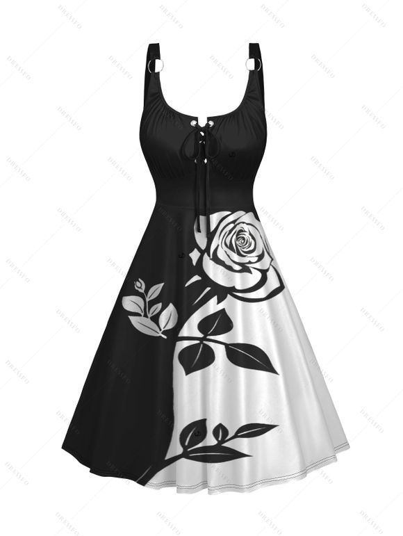 Robe Ligne A Rose en Couleur Contrastée à Bretelle en O à Volants - Noir XXL | US 14