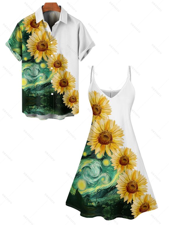 Vacation Couple Outfit Sunflower Painting Pattern Spaghetti Strap Tank Dress and Roll Up Sleeve Shirt Matching Outfit - Vert profond S | US 4