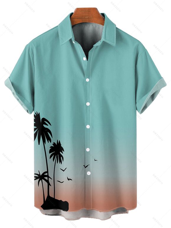 Vacation Couple Outfit Ombre Coconut Tree Spaghetti Strap Tank Dress and Roll Up Sleeve Shirt Solid Color Drawstrings Beach Short Outfit - Vert clair S | US 4