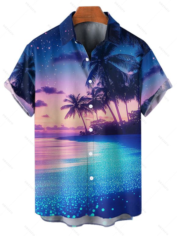 Chemise de Plage Hawaïen Boutonnée Motif de Cocotier à Manches Roulées pour Homme - Bleu profond 4XL