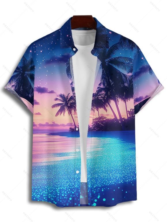 Chemise de Plage Hawaïen Boutonnée Motif de Cocotier à Manches Roulées pour Homme - Bleu profond 4XL