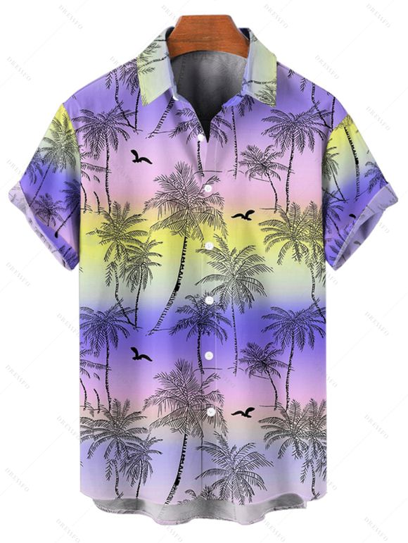 Chemise de Vacances Ombré Arbre de Noix de Coco Imprimé Partout Boutonnée à Manches Roulées pour Homme - multicolor XL