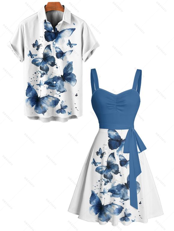 Vacation Couple Outfit Butterfly Print Contrast Color Ruched Bust Belt A Line Dress and Roll Up Sleeve Shirt Matching Outfit - Bleu S | US 4