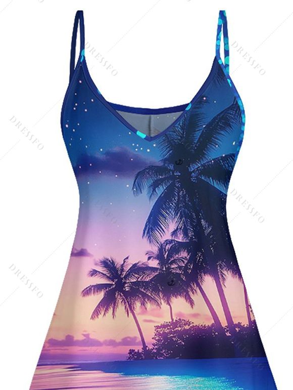 Robe Élégante à Bretelles Spaghetti à Motif Cocotier Peint - Bleu profond XL | US 12