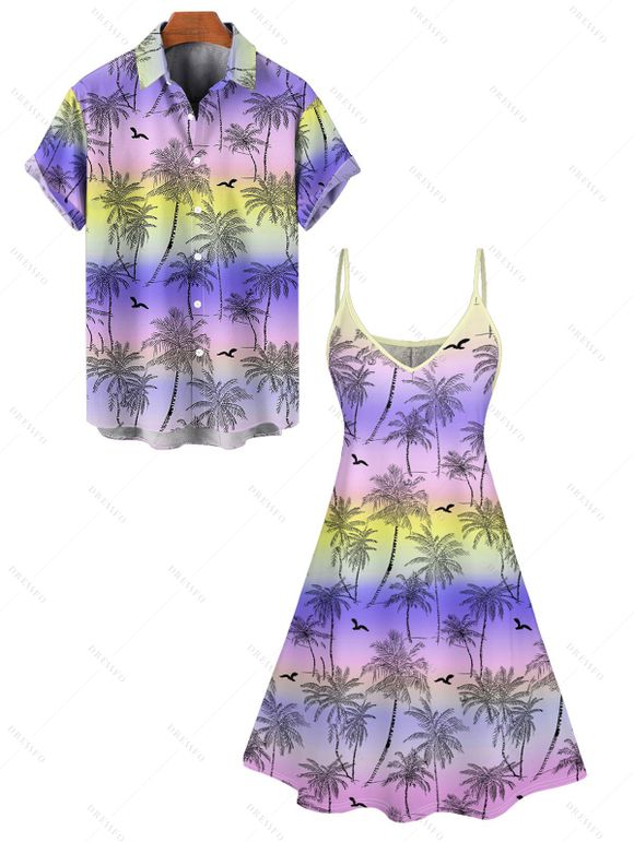 Vacation Couple Outfit Ombre Allover Coconut Tree Print Spaghetti Strap A Line Tank Dress and Roll Up Sleeve Hawaii Shirt Beach Outfit - multicolor S | US 4