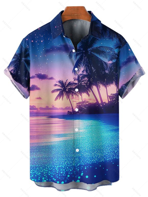 Vacation Couple Outfit Coconut Tree Beach Painting Pattern A Line Tank Dress and Roll Up Sleeve Hawaii Shirt Beach Matching Outfit - Bleu profond S | US 4