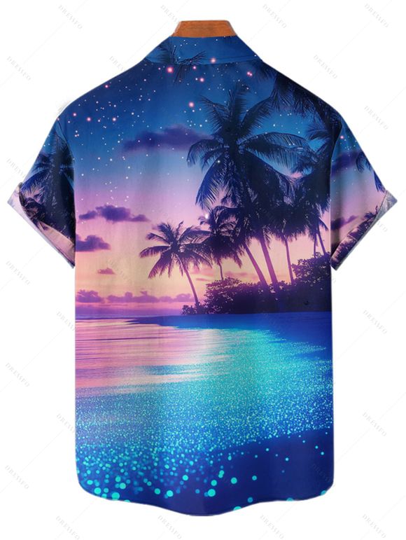 Vacation Couple Outfit Coconut Tree Beach Painting Pattern A Line Tank Dress and Roll Up Sleeve Hawaii Shirt Beach Matching Outfit - Bleu profond S | US 4