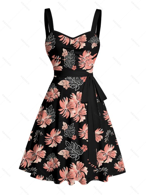 Vacation Couple Outfit Allover Floral Leaf Pattern Ruched Bust Belted Dress and Roll Up Sleeve Shirt Solid Color Drawstrings Beach Shorts Outfit - Noir S | US 4