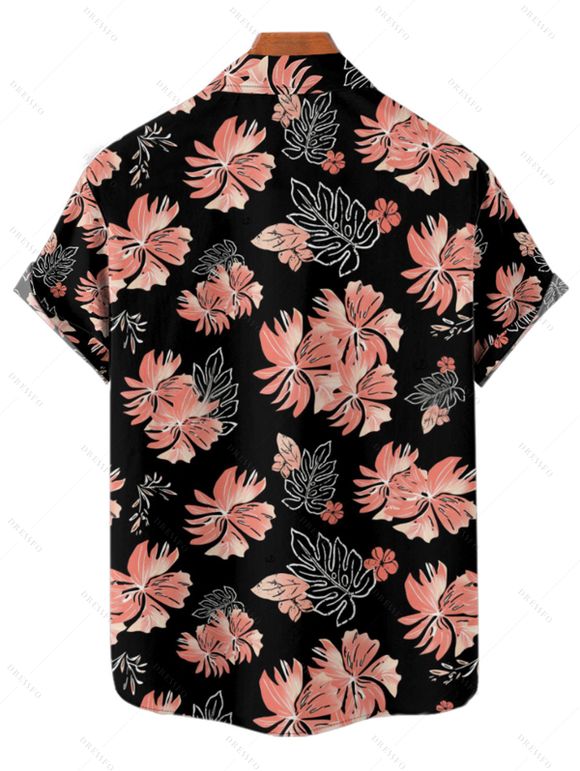 Vacation Couple Outfit Allover Floral Leaf Pattern Ruched Bust Belted Dress and Roll Up Sleeve Shirt Solid Color Drawstrings Beach Shorts Outfit - Noir S | US 4