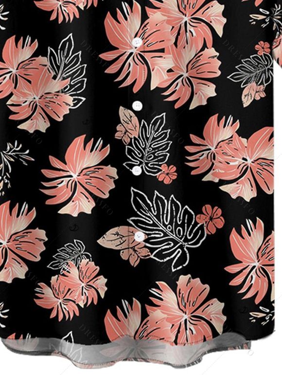 Vacation Couple Outfit Allover Floral Leaf Pattern Ruched Bust Belted Dress and Roll Up Sleeve Shirt Solid Color Drawstrings Beach Shorts Outfit - Noir S | US 4