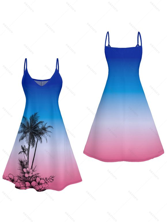 Robe de Plage Ligne A Ombrée Cocotier Imprimé à Bretelle Fine - Bleu XXXXXL | US 20