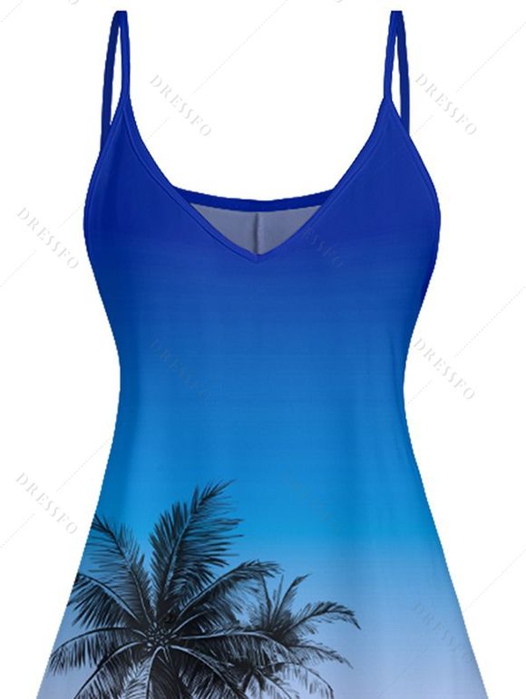 Robe de Plage Ligne A Ombrée Cocotier Imprimé à Bretelle Fine - Bleu XXXXXL | US 20