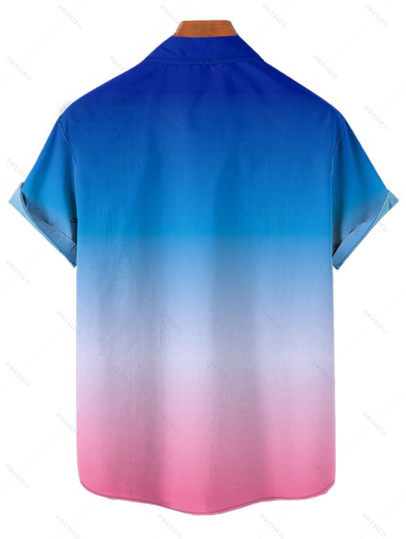 Chemise de Plage de Vacances Boutonnée Motif de Cocotier à Manches Roulées - Bleu 5XL