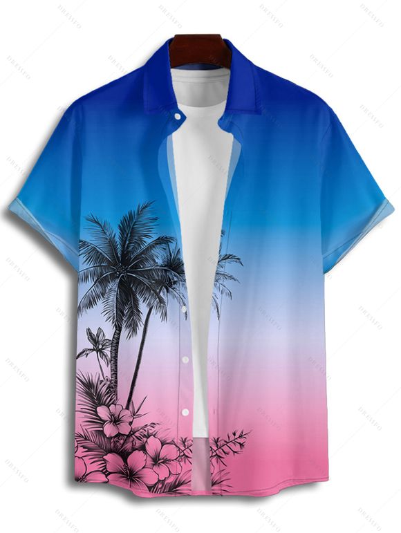 Chemise de Plage de Vacances Boutonnée Motif de Cocotier à Manches Roulées - Bleu 5XL