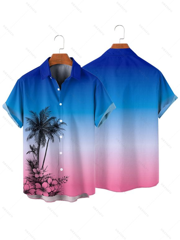 Chemise de Plage de Vacances Boutonnée Motif de Cocotier à Manches Roulées - Bleu 5XL