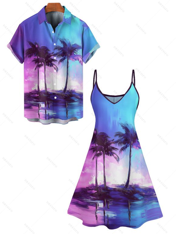 Palm Tree Beach Painting Print A Line V Neck Mini Vacation Dress And Short Sleeve Shirt Matching Outfit - Bleu S | US 4