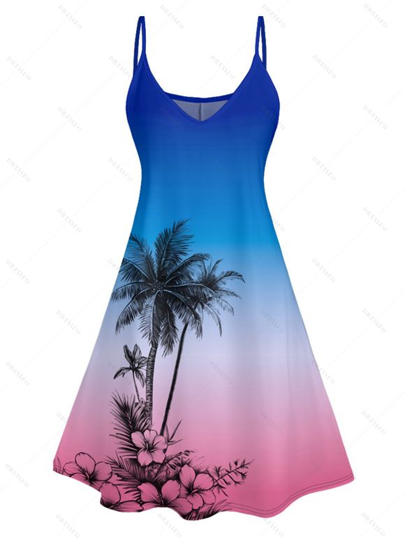 Vacation Couple Outfit Coconut Tree Print Ombre Spaghetti Strap A Line Dress and Roll Up Sleeve Shirt Solid Color Drawstring Shorts Beach Outfit - Bleu S | US 4
