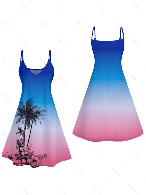 Vacation Couple Outfit Coconut Tree Print Ombre Spaghetti Strap A Line Dress and Roll Up Sleeve Shirt Solid Color Drawstring Shorts Beach Outfit - Bleu S | US 4