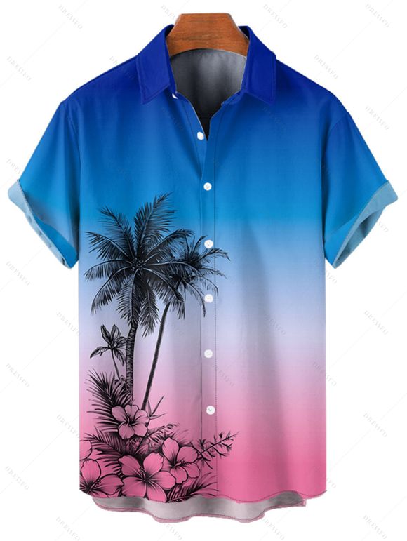 Vacation Couple Outfit Coconut Tree Print Ombre Spaghetti Strap A Line Dress and Roll Up Sleeve Shirt Solid Color Drawstring Shorts Beach Outfit - Bleu S | US 4