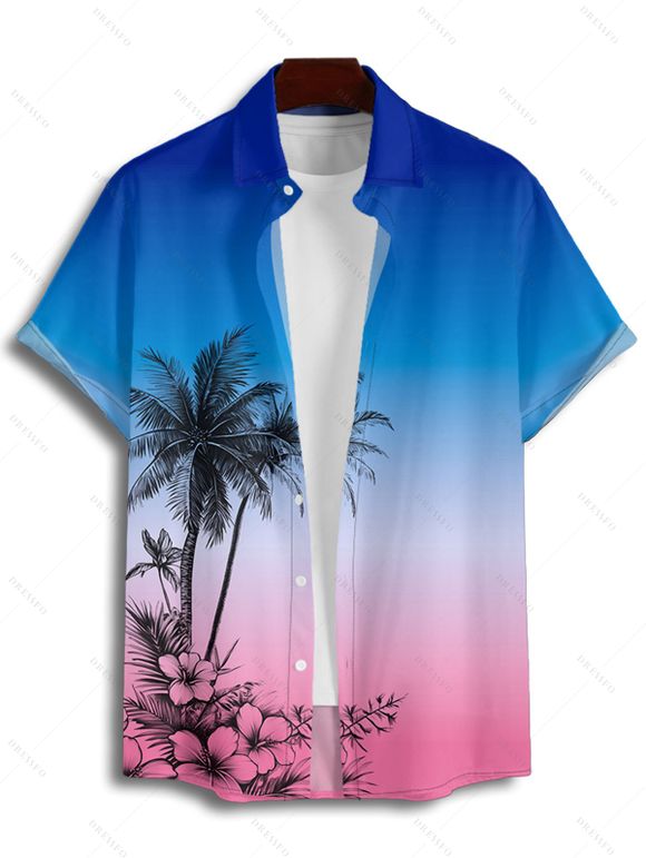 Vacation Couple Outfit Coconut Tree Print Ombre Spaghetti Strap A Line Dress and Roll Up Sleeve Shirt Solid Color Drawstring Shorts Beach Outfit - Bleu S | US 4